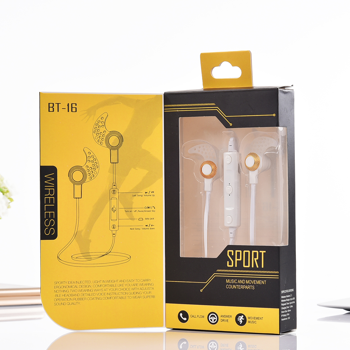 Bluetooth Sports Earbuds Headphone BT16 (GOLD White)